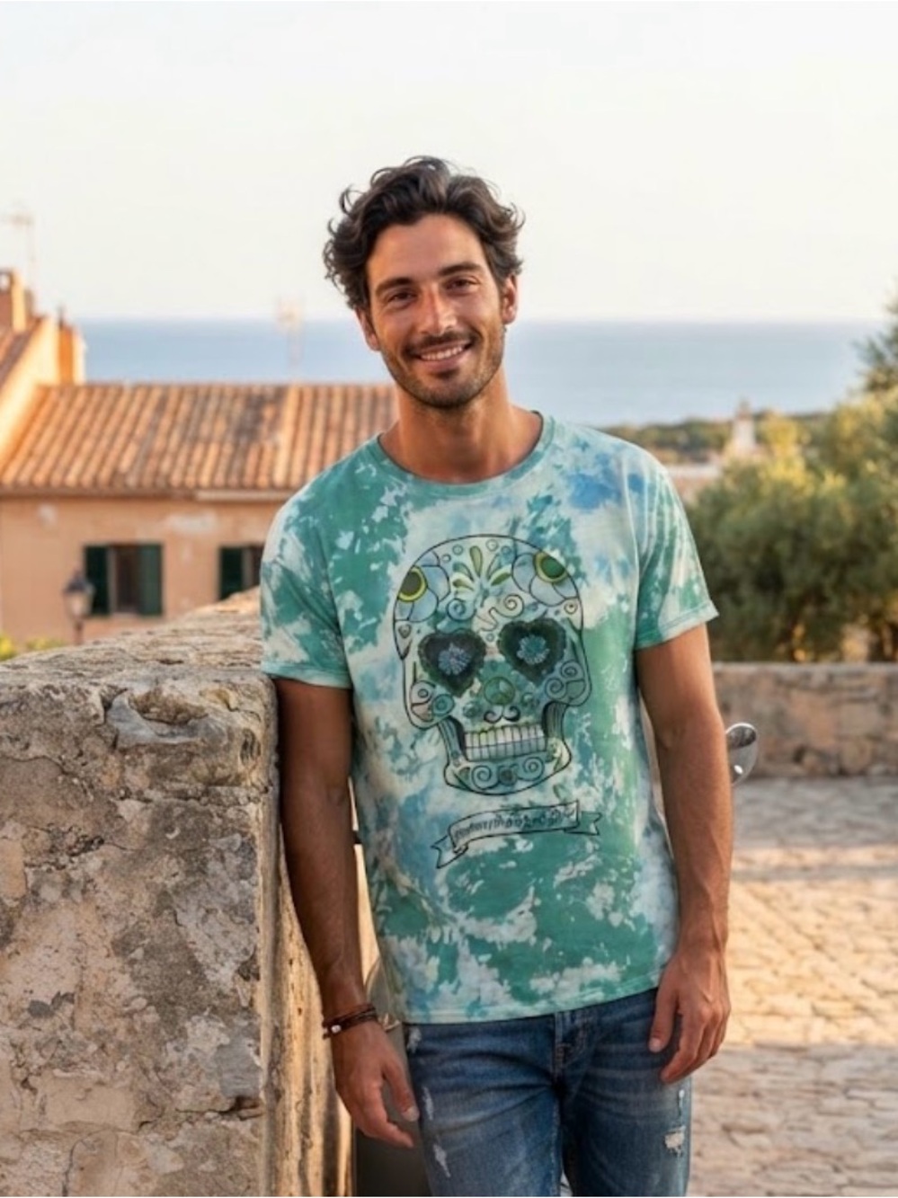 Tie-Dye Skull Graphic Tee - Green & White